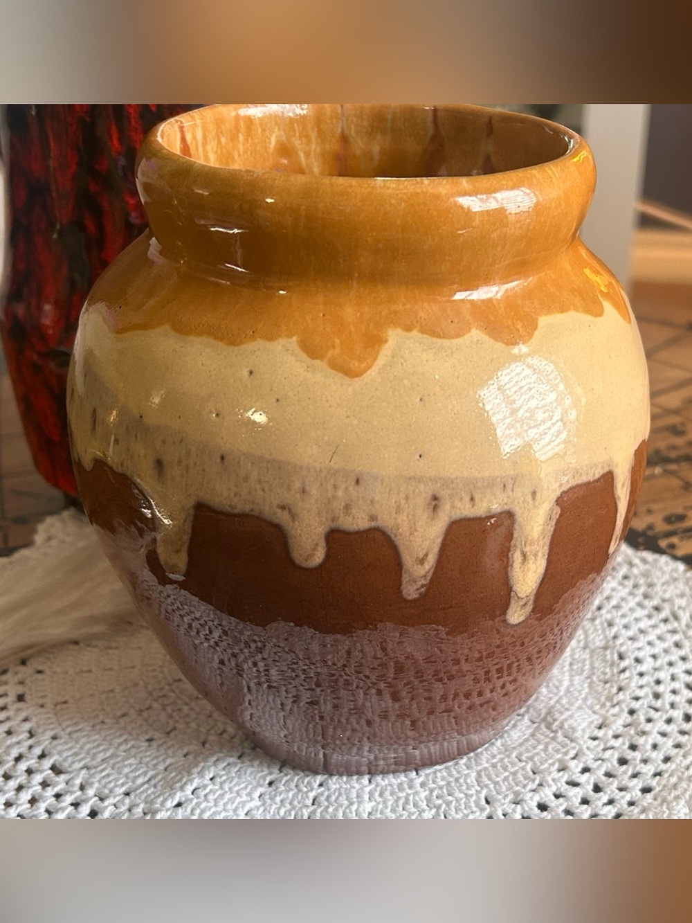 1952 Signed Studio Pottery Vase | Drip Glaze Art Pottery (Caramel Cream Brown)